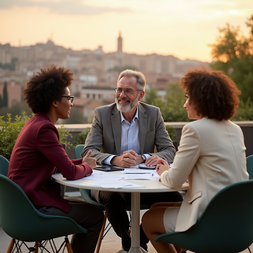 Incontro collaborativo su terrazza professionale per analisi finanziaria