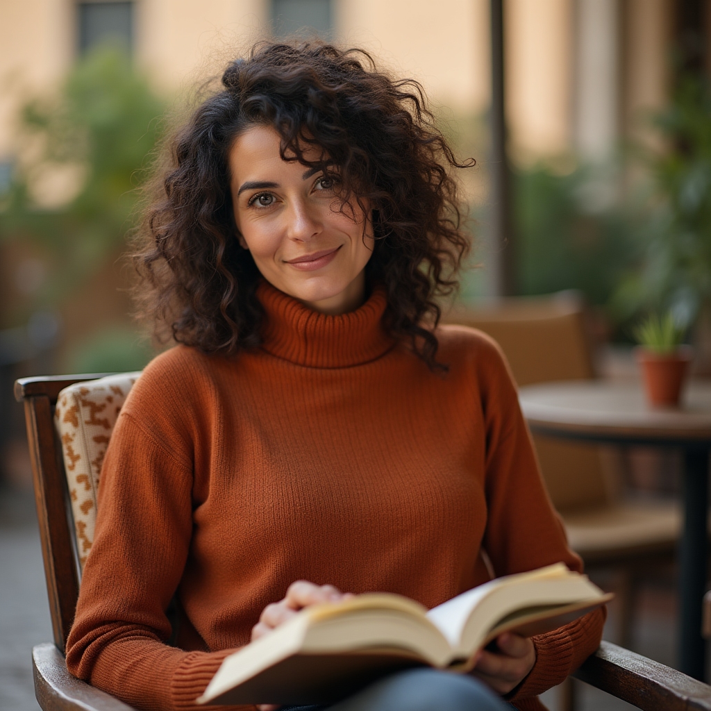Professionista che legge una guida finanziaria su terrazza con vista urbana
