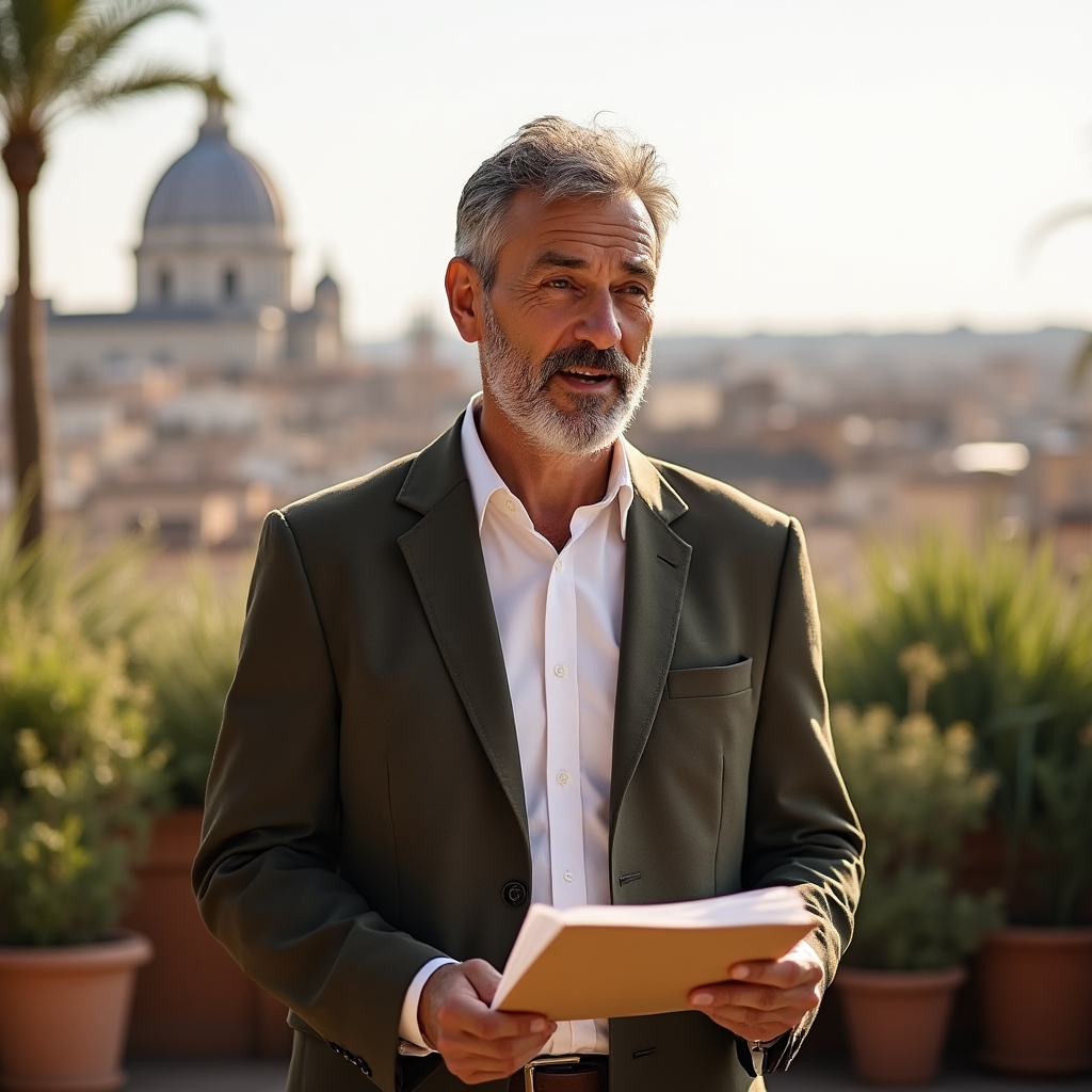 Facilitatore di workshop finanziario su terrazza professionale con partecipanti attenti
